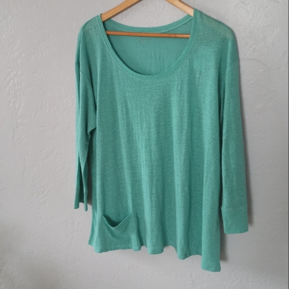 Eileen Fisher 100% Organic Linen Scoop Neck Pocket Sweater In Seafoam L - Picture 3 of 13